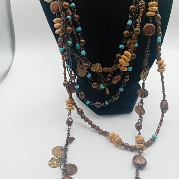Bohemian Boho Hippie Layered Necklace Wood Beads Turquoise Statement Jewelry - Picture 3 of 8